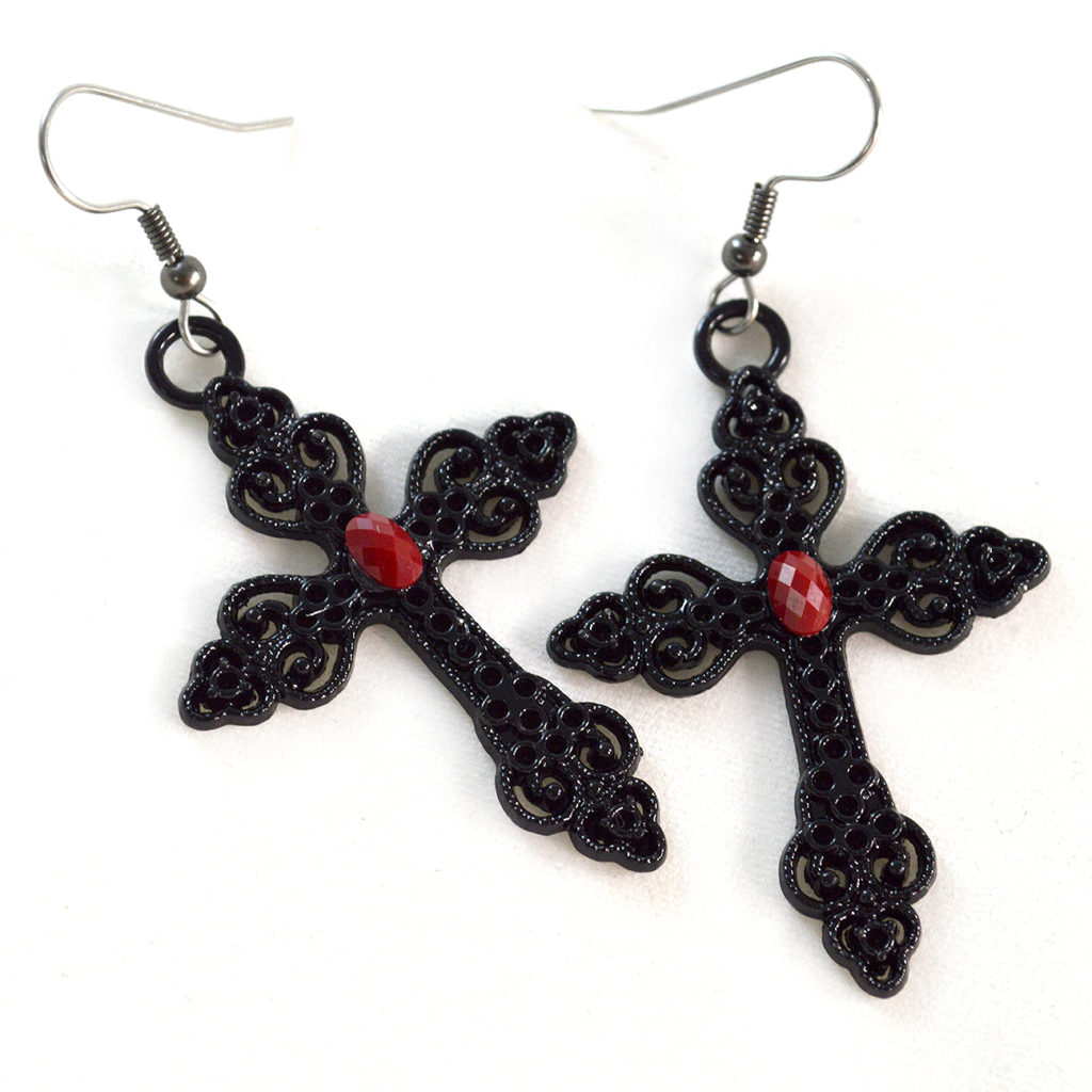 Gothic Cross Earrings Black and Red Gothic Jewelry Twisted Pixies