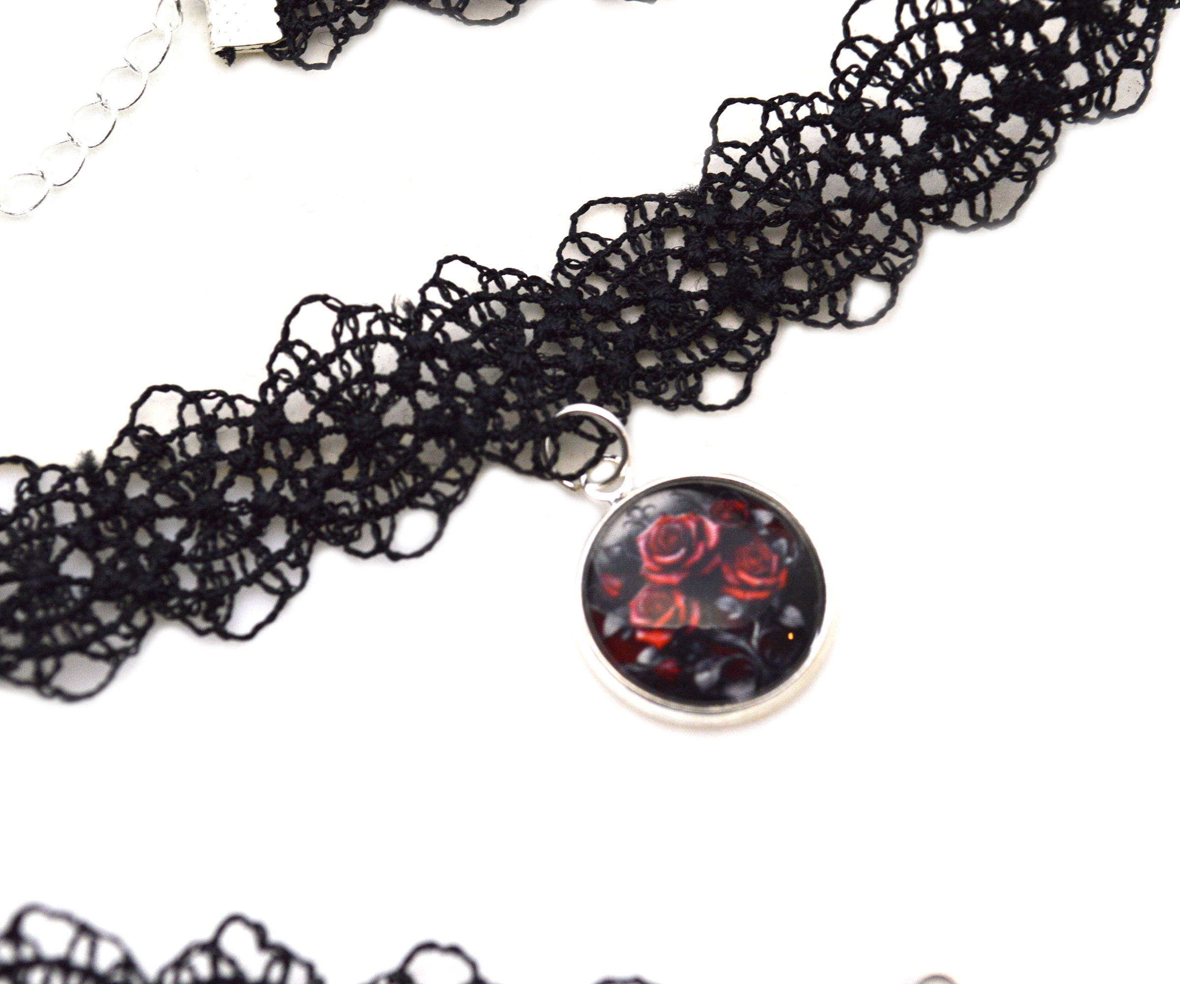 Black Lace Choker Necklace with Red Roses Glass Pendant Charm Silver Plated Fastenings Gothic gift nu goth girl tattoo collar alternative