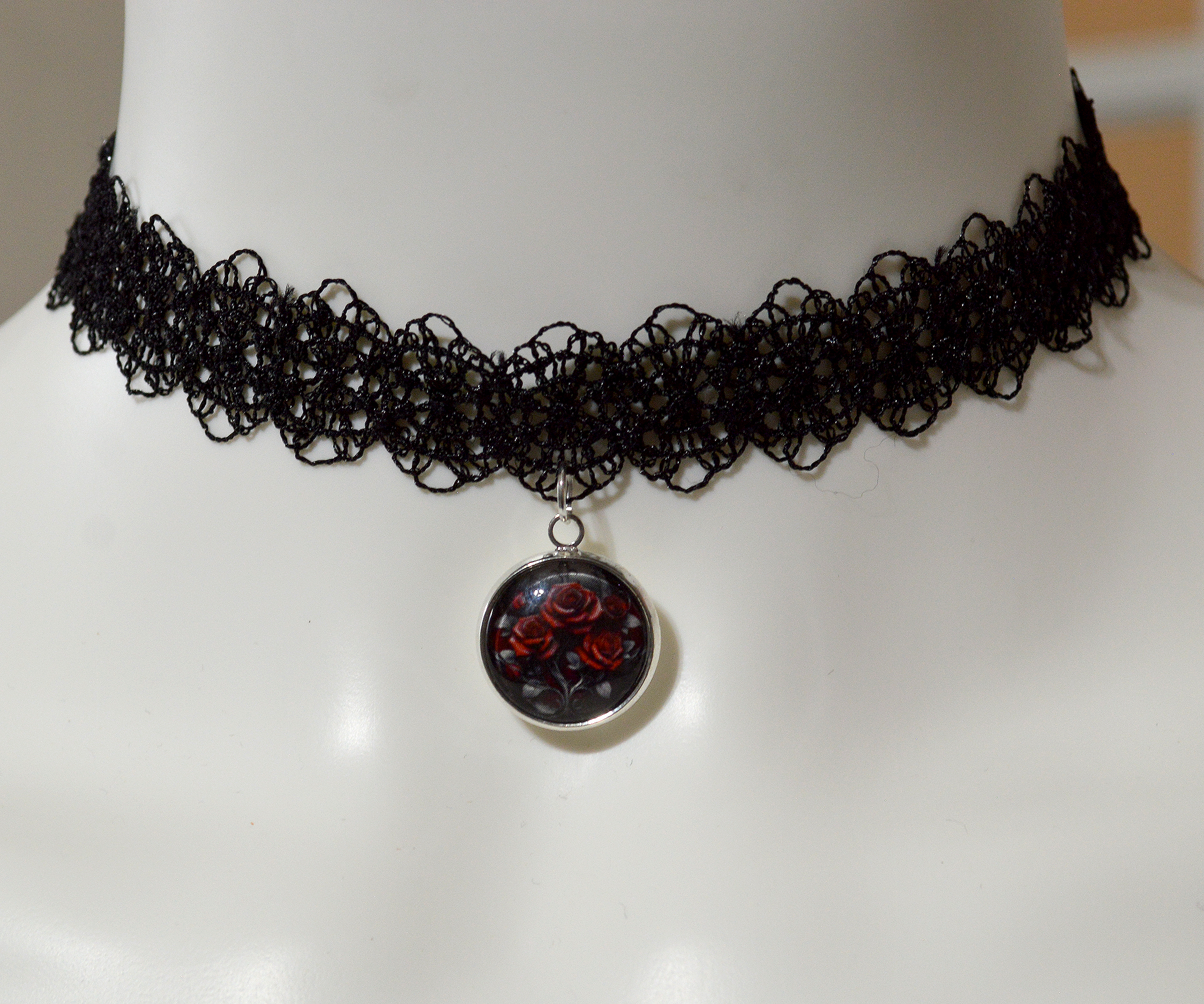 Black Lace Choker Necklace with Red Roses Glass Pendant Charm Silver Plated Fastenings Gothic gift nu goth girl tattoo collar alternative