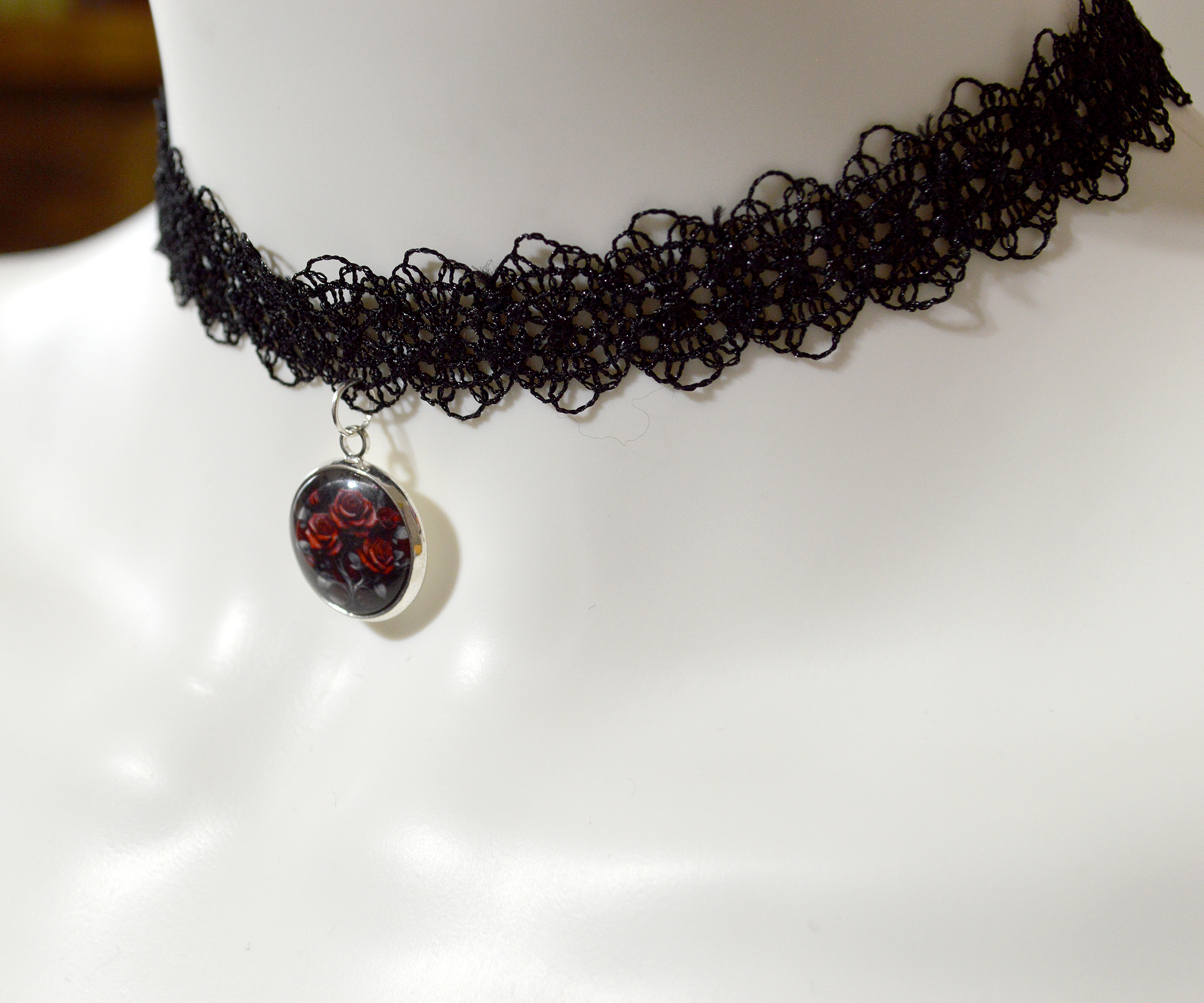 Black Lace Choker Necklace with Red Roses Glass Pendant Charm Silver Plated Fastenings Gothic gift nu goth girl tattoo collar alternative