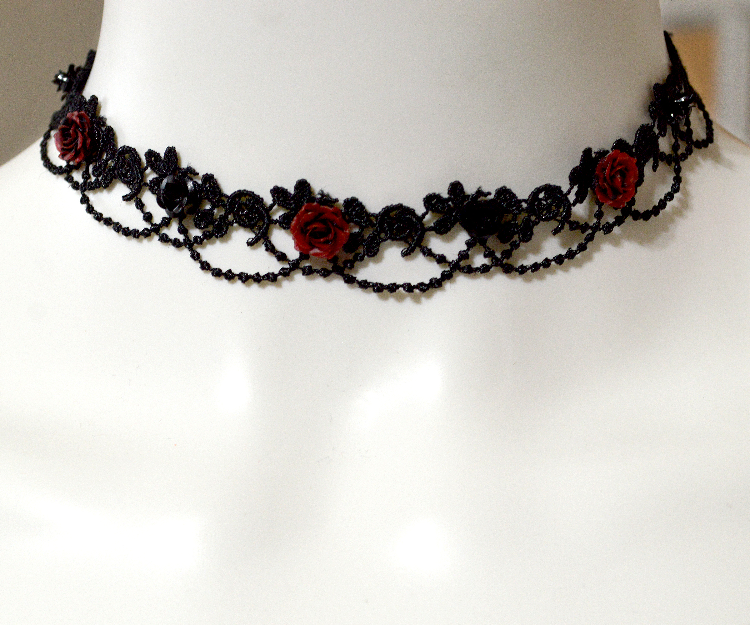 Black and Red Roses Delicate Gothic Lace Choker