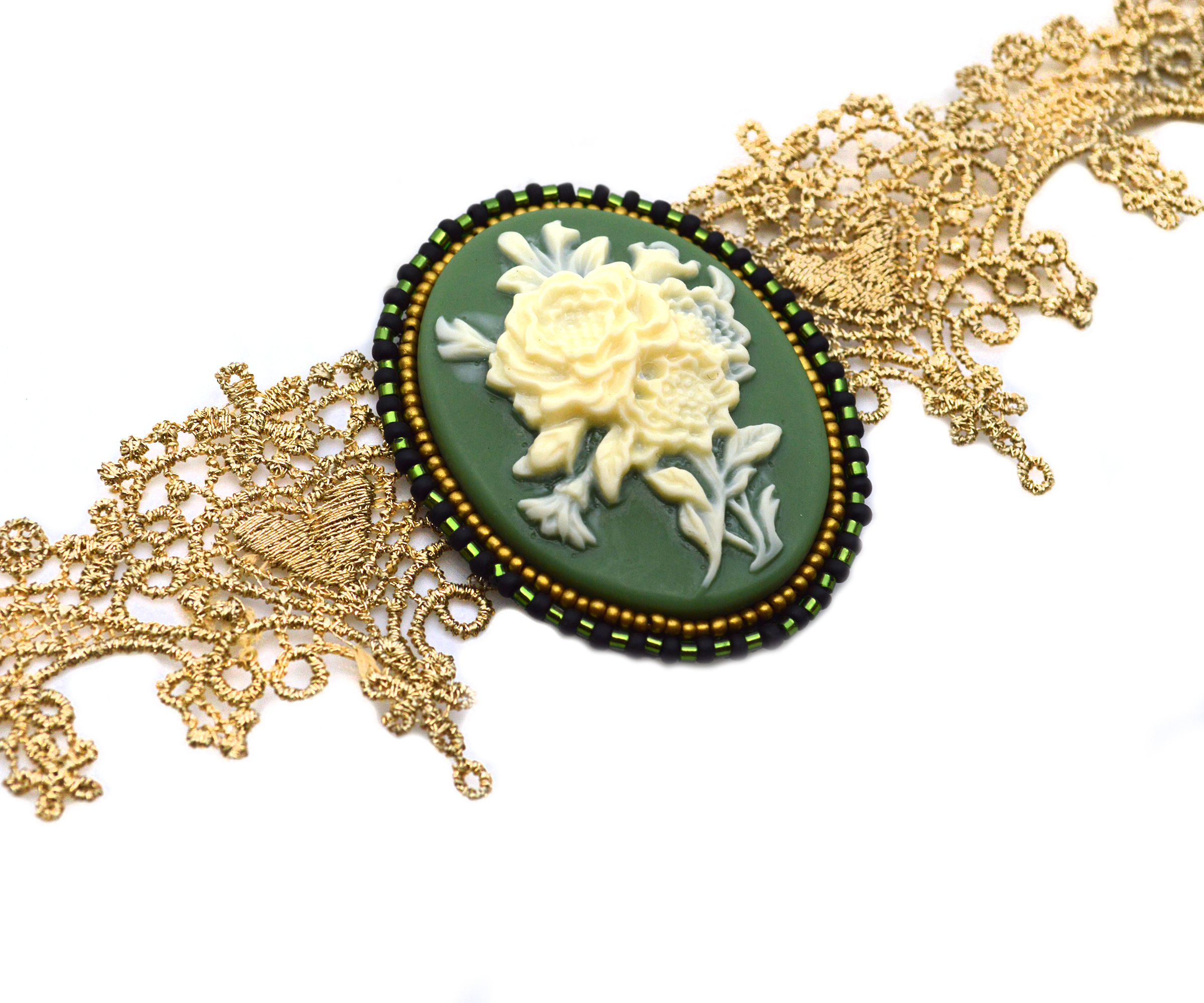 Renaissance Ivory and Green Rose Cameo Choker