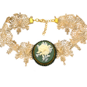 Renaissance Ivory and Green Rose Cameo Choker