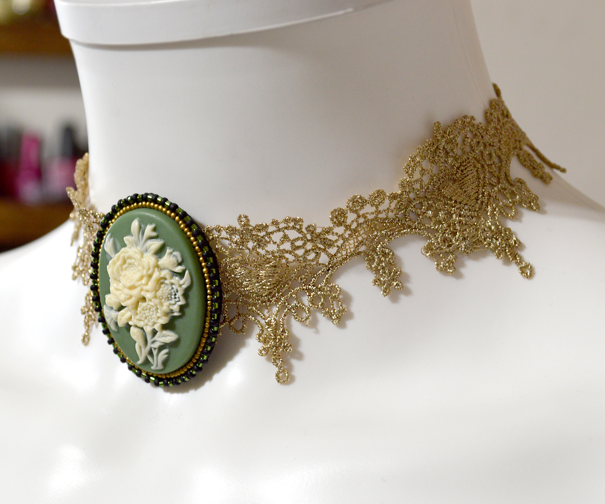 Renaissance Ivory and Green Rose Cameo Choker